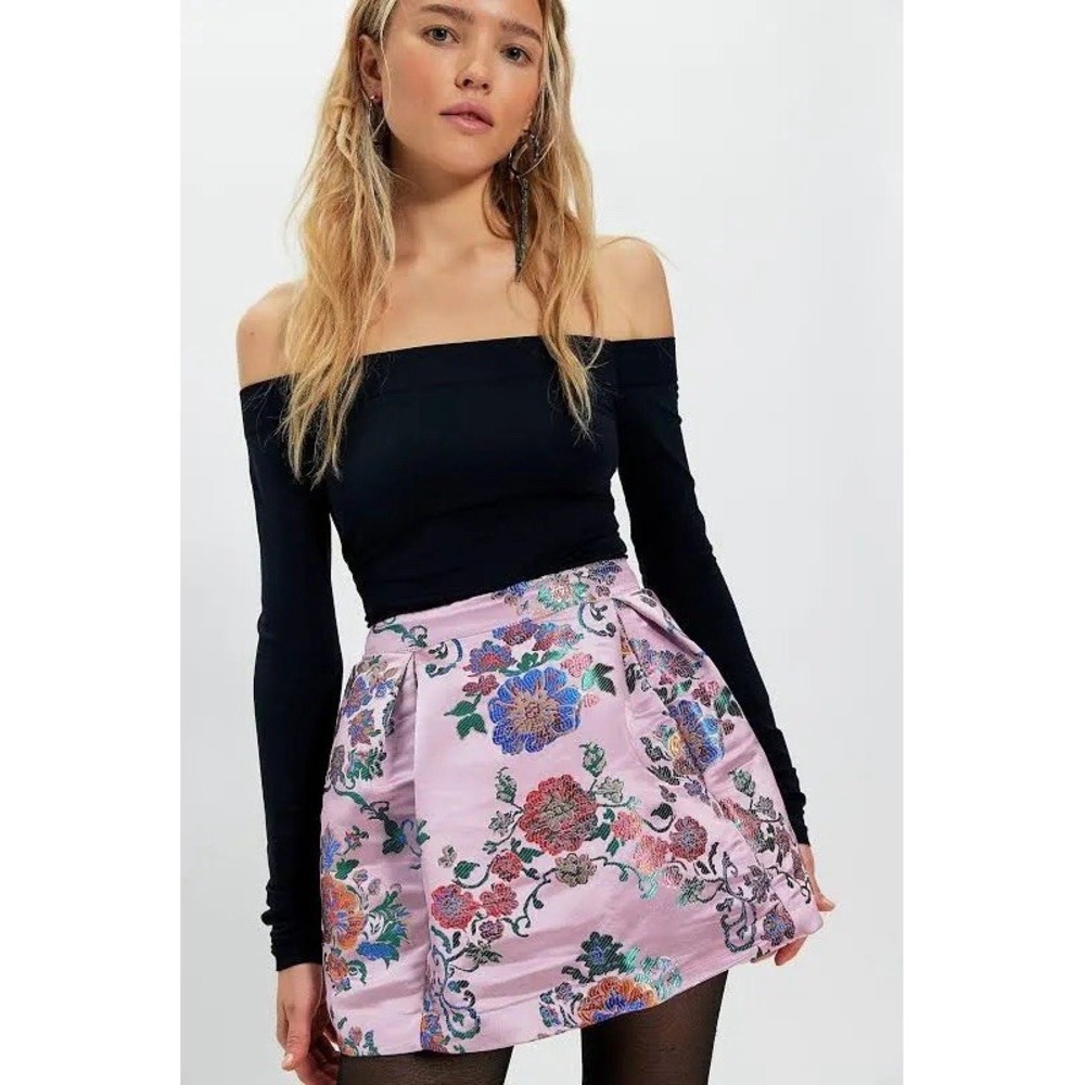 Free People Benjamine Mini Skirt 4 Pink Floral Brocade Jacquard Flawed Zipper